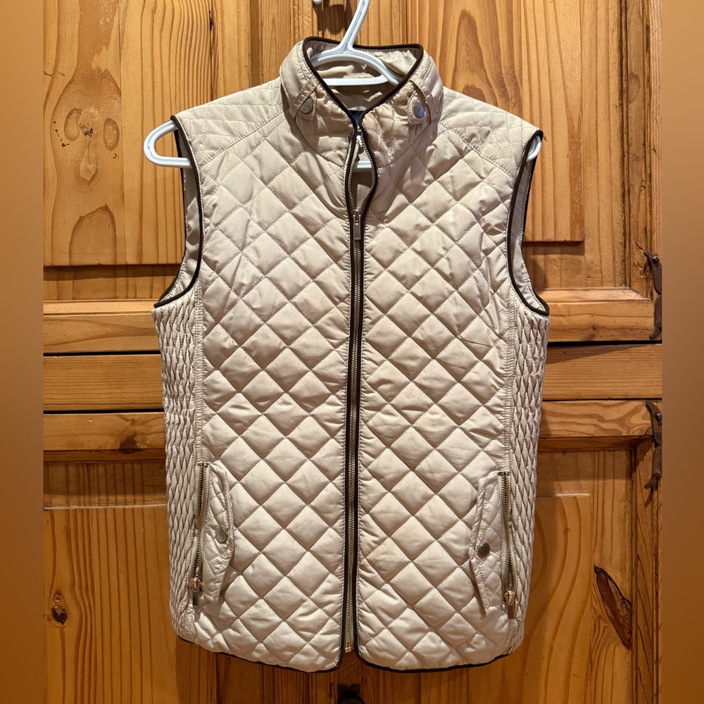 Beige, brown trim, gold accent, quilted puffer vest